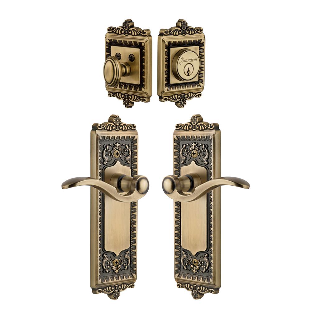 Grandeur by Nostalgic Warehouse Single Cylinder Combo Pack Keyed Differently - Windsor Plate with Bellagio Lever and Matching Deadbolt in Vintage Brass